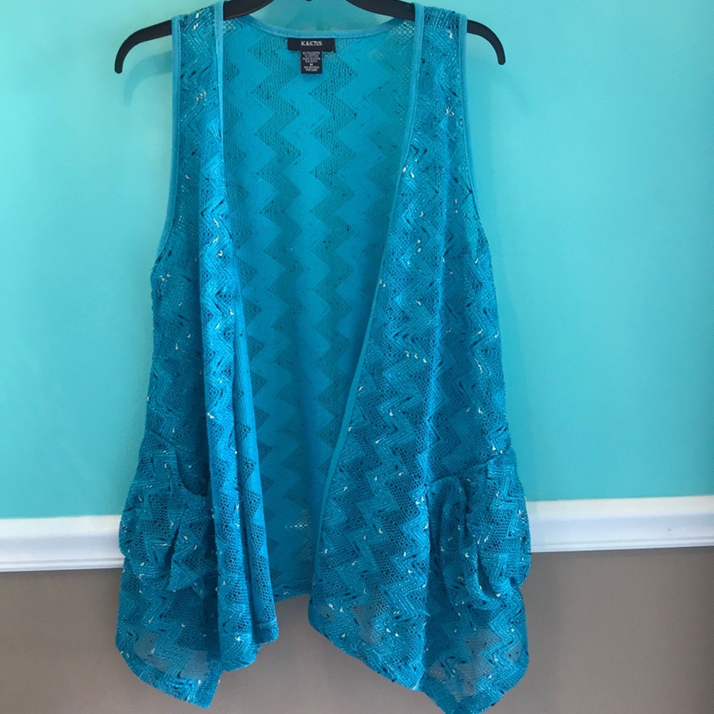 Woven swimsuit cover up or vest with blue sequins